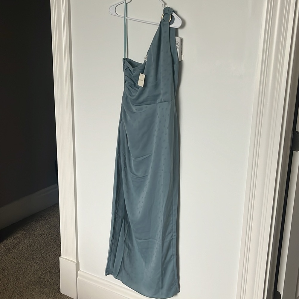 Favorite Daughter The Singles Table Blue Slate Polka Dot One-Shoulder Dress, new